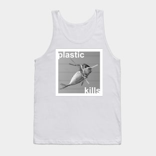 'Plastic kills' typography in a design with a dead fish strangled by plastic straws. Tank Top